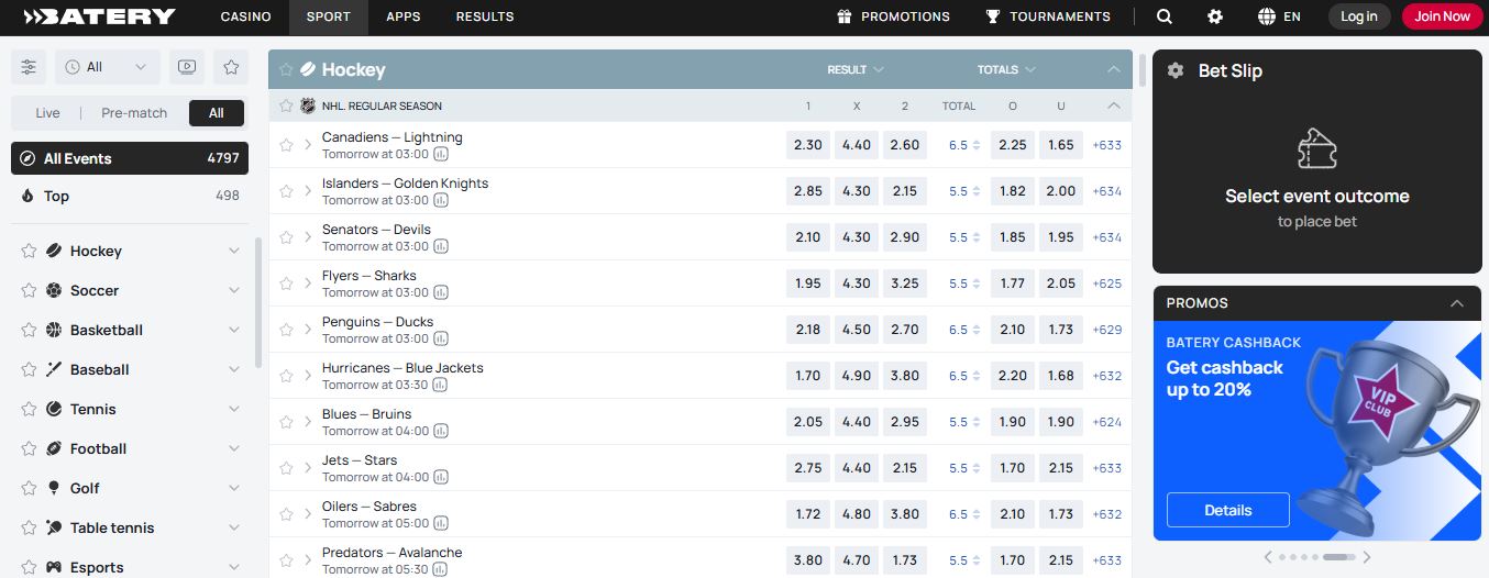 Place bets on hockey matches with competitive odds