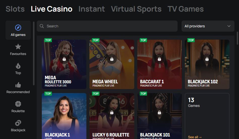 Play live casino games with real dealers at Batery
